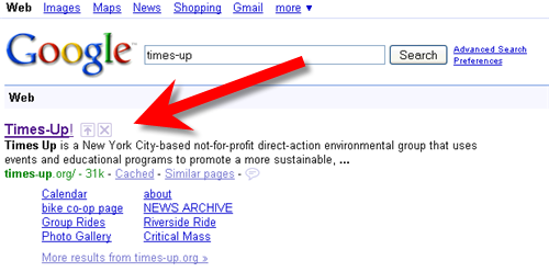 image of google search results for times-up with up arrow and x