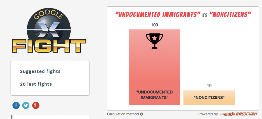 screenshot of googlefight with "Undocumented immigrants" beating "noncitizens"