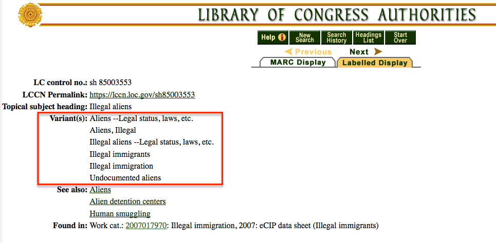 screenshot of LCSH heading page